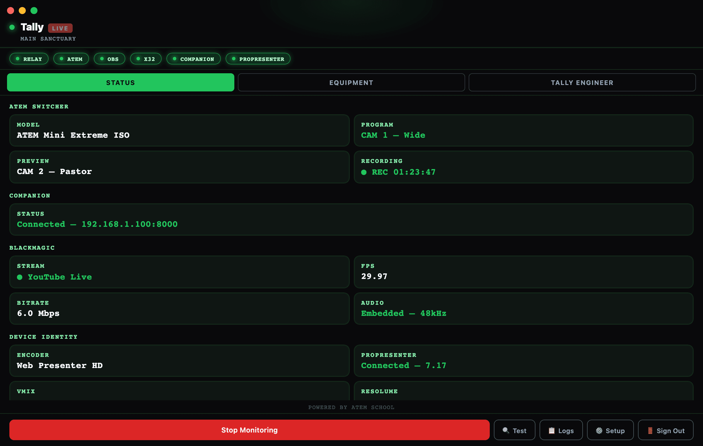 Tally status dashboard showing live stream status, connected devices, and camera preview